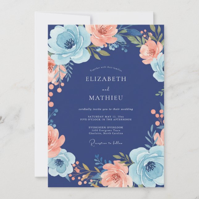 Convites Casamento Navy Coral Bloom (Frente)