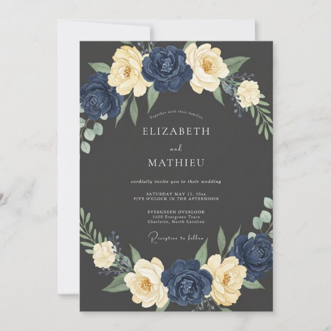 Convites Casamento Navy Cream Bloom (Frente)