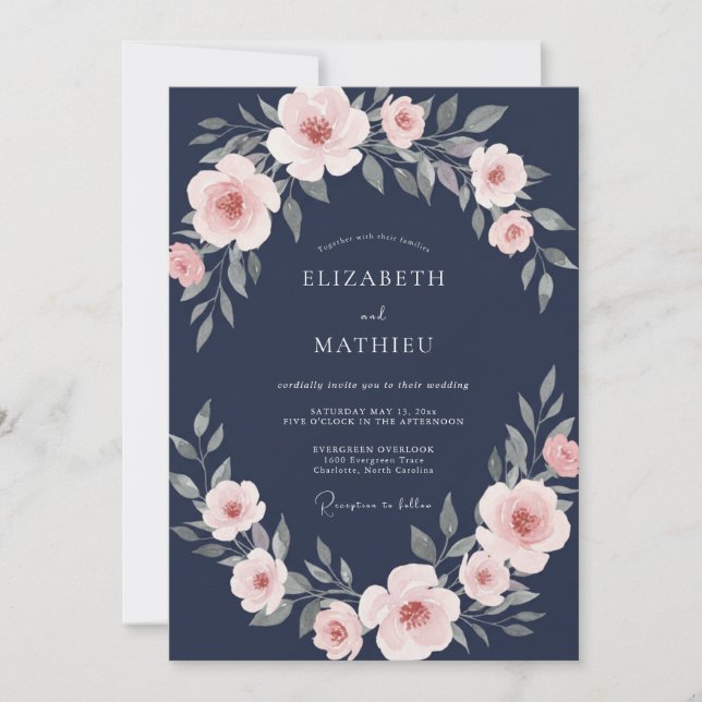 Convites Casamento Navy Delicate Bloom (Frente)