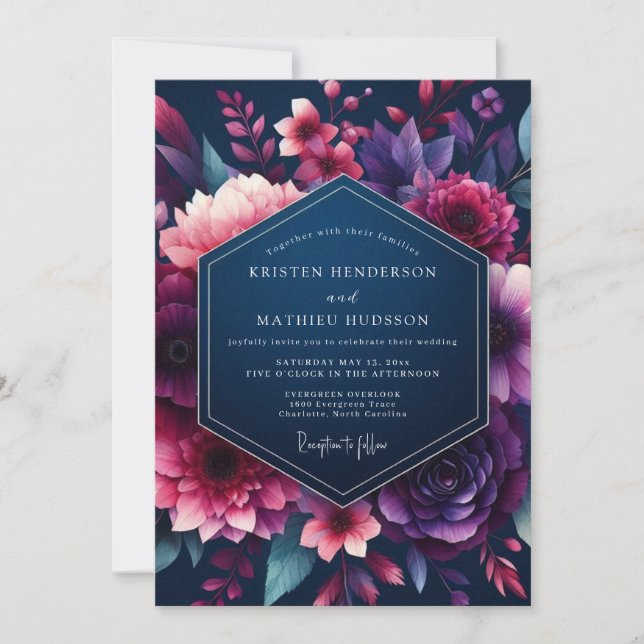 Convites Casamento Navy & Fuchsia Vibrant Bloom (Frente)