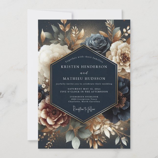 Convites Casamento Navy Gilded Bloom (Frente)