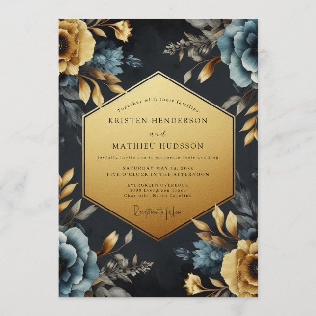 Convites Casamento Navy Gold Barroco em Flor (Frente)