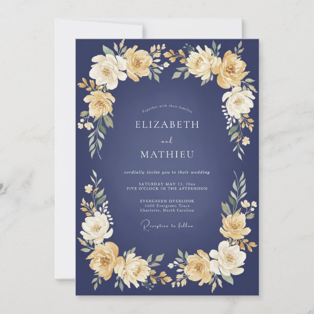 Convites Casamento Navy Golden Bloom (Frente)
