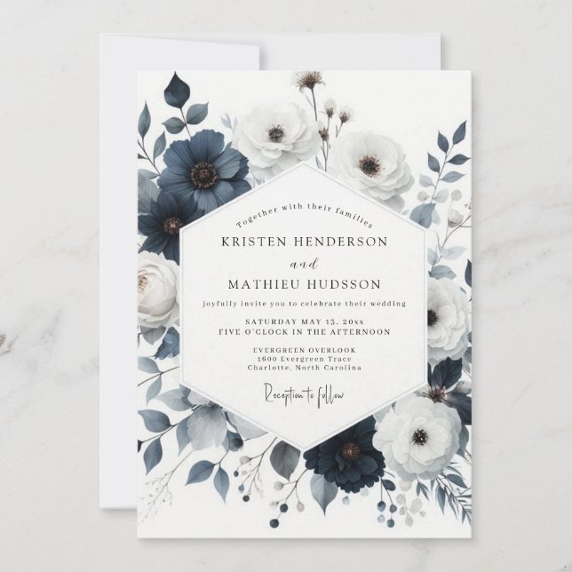 Convites Casamento Navy Painterly Bloom (Frente)