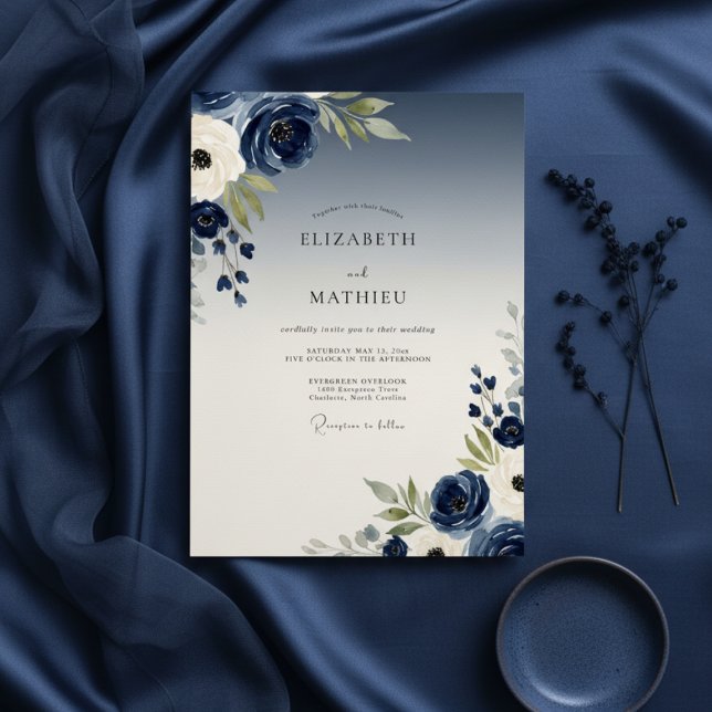 Convites Casamento Navy Painterly Bloom (Criador carregado)