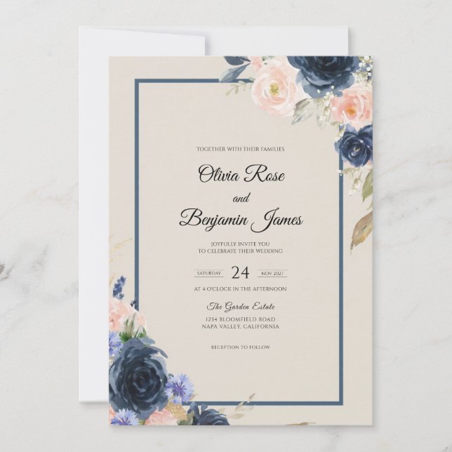 Convites Casamento Navy Peach Bloom (Frente)