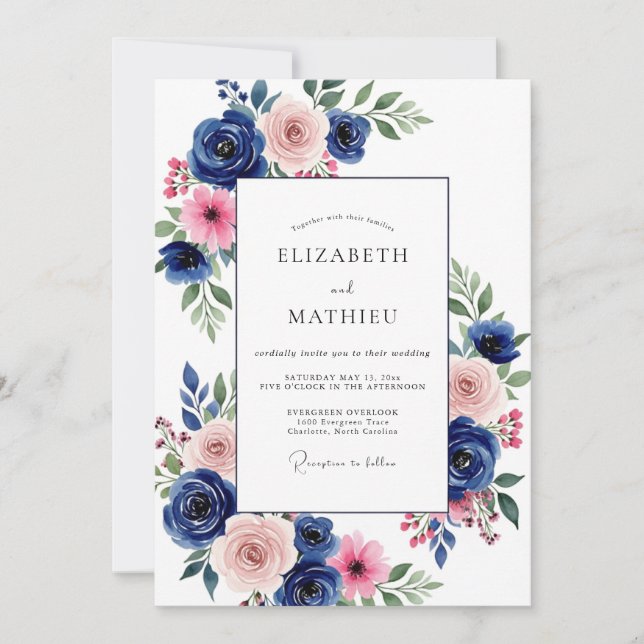 Convites Casamento Navy Pink Bloom (Frente)