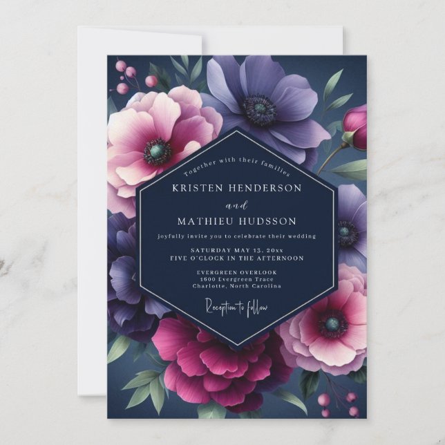 Convites Casamento Navy & Plum Dramático em Flor (Frente)