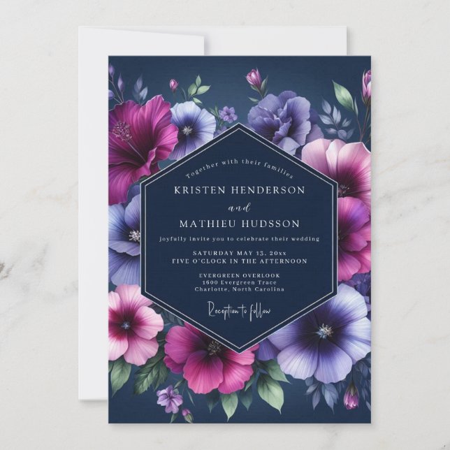Convites Casamento Navy Twilight Bloom (Frente)