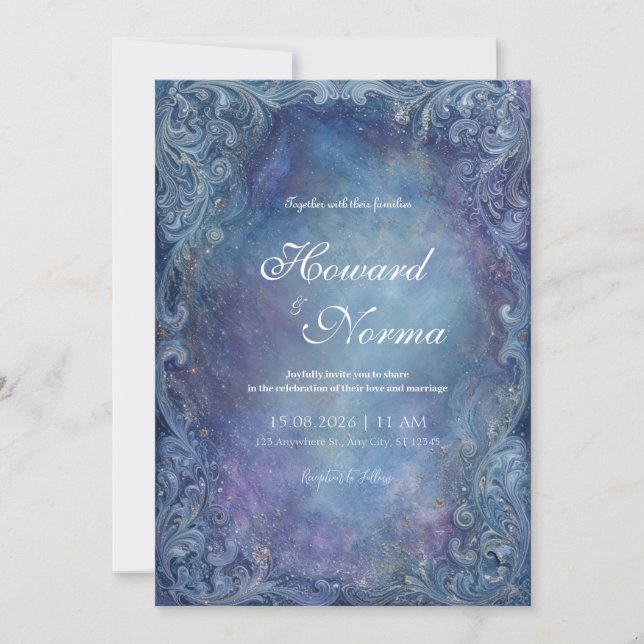 Convites Casamento Nebulosa Azul Celestial Barroca Prata (Frente)