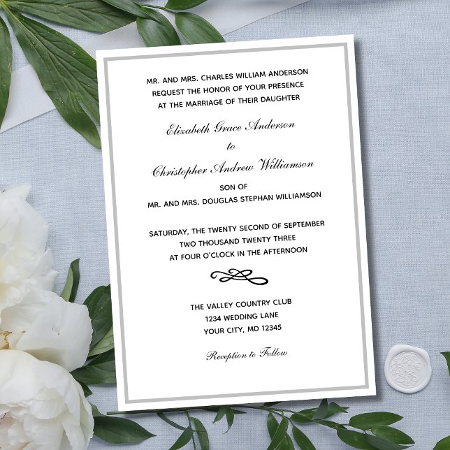 Convites Casamento Negra Branca de Prata Formal Tradicional (Silver Border Traditional Wording Bride and Grooms Parents Names Wedding invitation. Printed Digital)