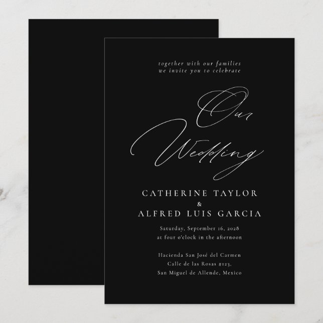 Convites Casamento Negra Da Caligrafia Elegante (Frente/Verso)