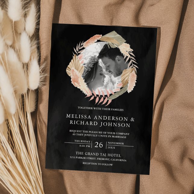 Convites Casamento Negra De Palma Seca Pampas Wreath (Criador carregado)