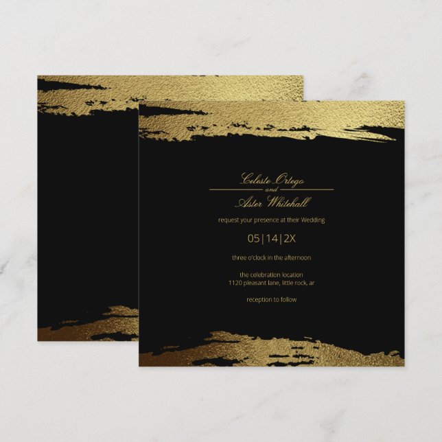 Convites Casamento Negra Dourado Moderno Faux Foil Paint St (Frente/Verso)