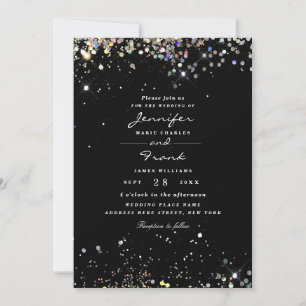 Convites Casamento Negra Elegante Holográfico Esparso-Brilh