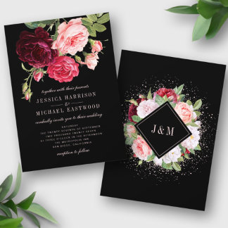 Convites Casamento Negra Elegante Monograma Rose Bouquet