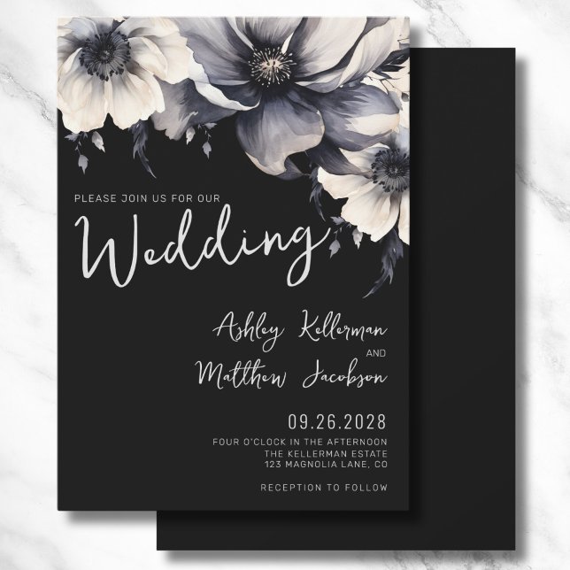 Convites Casamento Negra Floral Boho com Manuscrito Elegant (Modern Elegant Script Floral Black White Wedding Invitation)