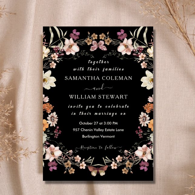 Convites Casamento Negra Moderno Elegante Boho Wildflower (Criador carregado)