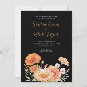 Convites Casamento Negra Moderno Laranja e Jardim Rosa