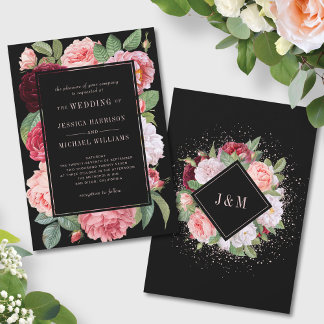 Convites Casamento Negra Rosa Floral Elegante do Monograma