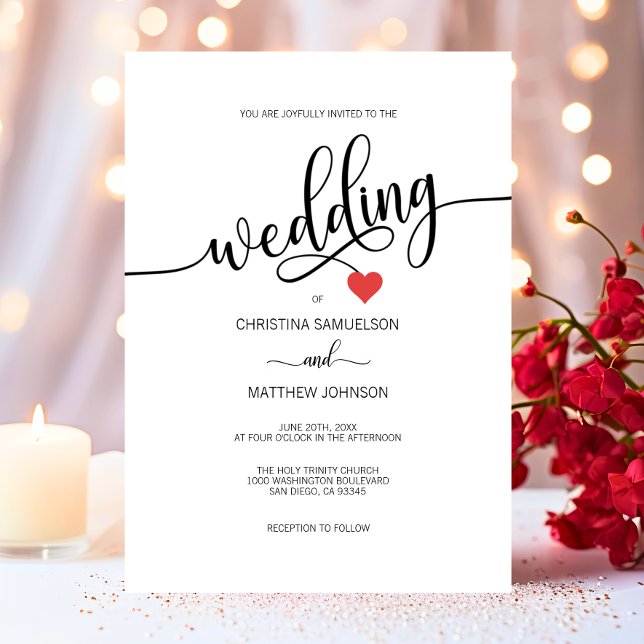 Convites Casamento Negra Simples Moderno, Vermelho Branco (Modern Simple Black, White Red Heart Wedding Invitation)