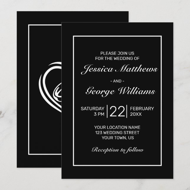Convites Casamento Negro Branco Minimalista Moderno (Frente/Verso)
