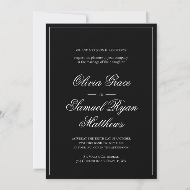 Convites Casamento Negro Clássico de Caligrafia Elegante (Frente)