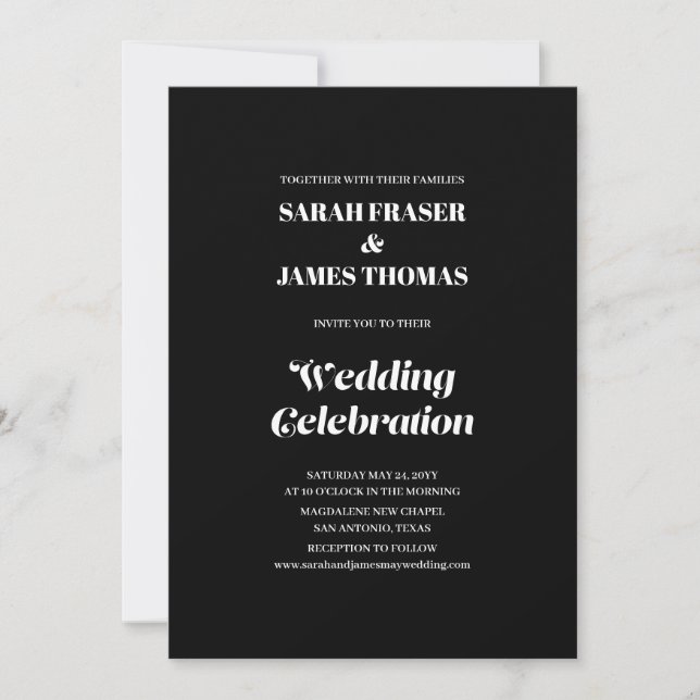 Convites Casamento Negro da Caligrafia Mínima Elegante (Frente)