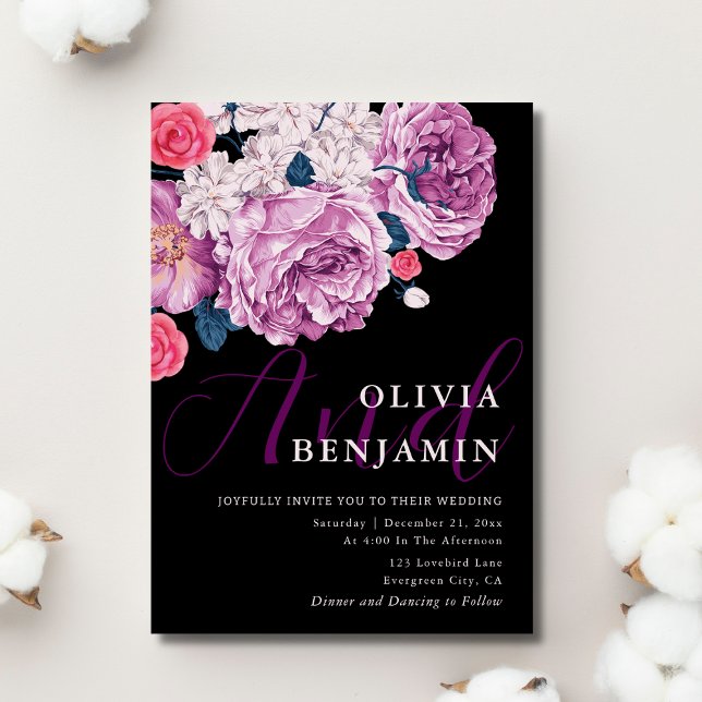 Convites Casamento Negro da Rosa Violeta Elegante (Elegant Violet Rose Calligraphy Black Wedding Invitation)