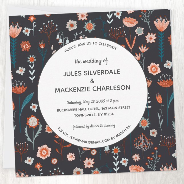 Convites Casamento Negro das Flores de Verão Escandinavas (Scandinavian style dark floral peach teal and black wedding invitation)