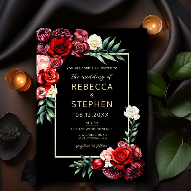 Convites Casamento Negro das Rosas vermelhas Moody Modern (Criador carregado)
