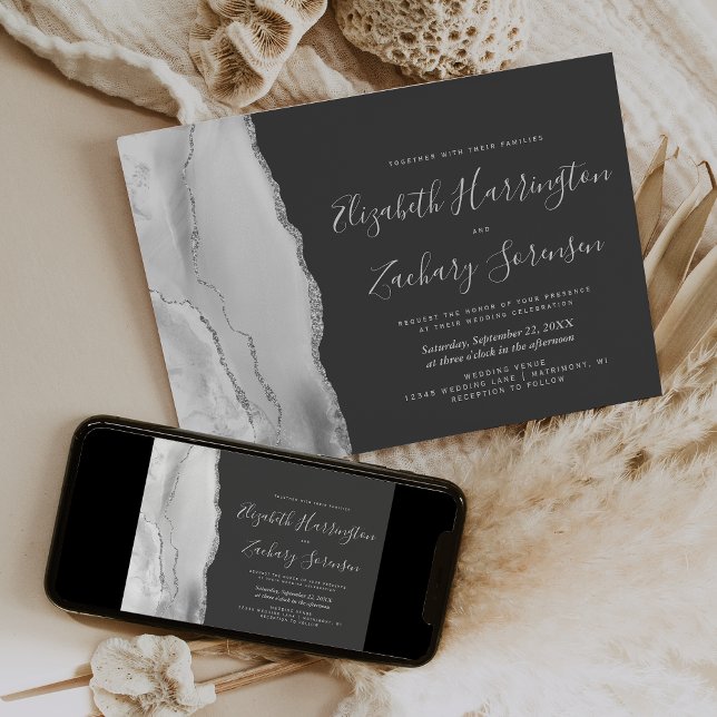 Convites Casamento Negro de Agata Branca de Cinza Moderna (Criador carregado)