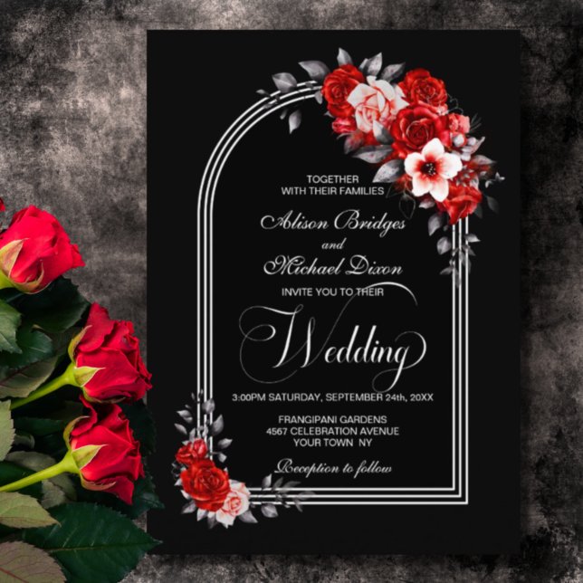 Convites Casamento Negro de Arca Floral Vermelha (Criador carregado)