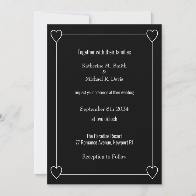 Convites Casamento Negro de Corações Simples e Romântico (Frente)