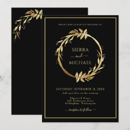 Convites Casamento Negro de Folhagem de Ouro Chic