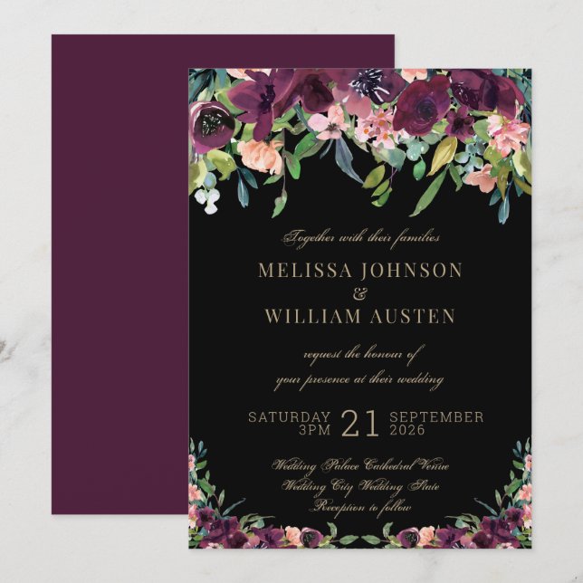 Convites Casamento Negro de Marsala Floral Floral (Frente/Verso)