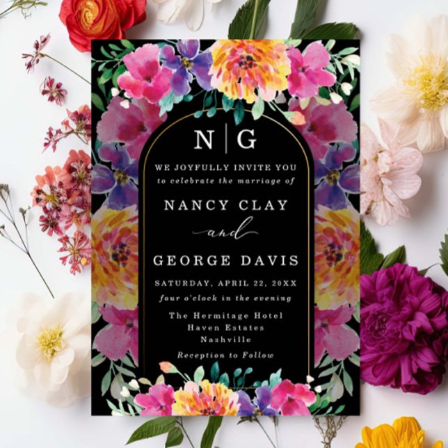 Convites Casamento Negro de Monograma Colorido Tropical (Criador carregado)