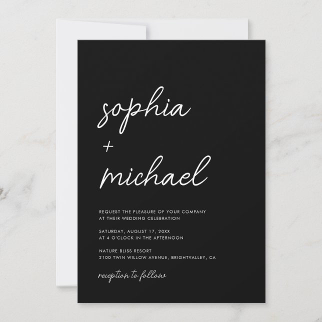 Convites Casamento Negro de Script Minimalista Moderno (Frente)