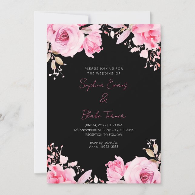 Convites Casamento Negro de Verão de Rosas Rosa Românticas (Frente)