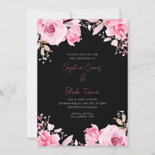 Convites Casamento Negro de Verão de Rosas Rosa Românticas
