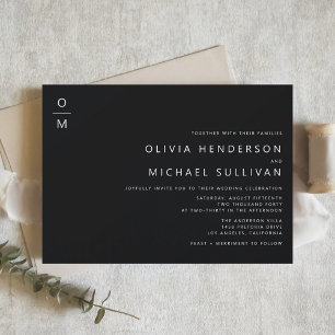 Convites Casamento Negro do Monograma com Tipografia Minima