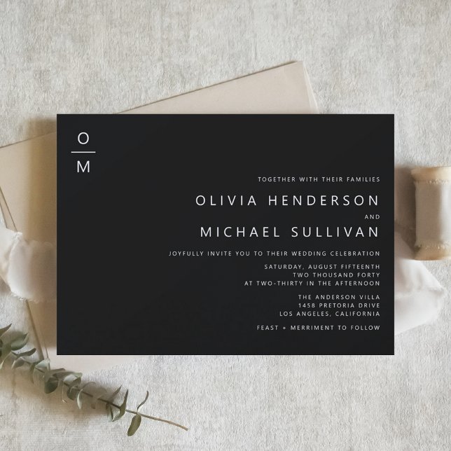 Convites Casamento Negro do Monograma com Tipografia Minima (Minimalist Typography Monogram Black Wedding Invitation)