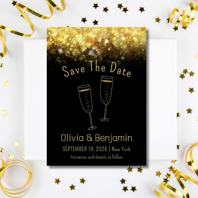 Convites Casamento Negro Dourado Brinde Salva A Data (Toast  Gold Glitter Black Wedding Save The Date Invitation )