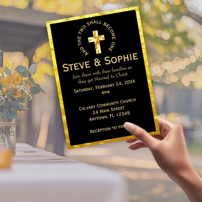 Convites Casamento Negro Dourado Elegante da Cruz Cristã (Elegant Gold Christian Cross Black Wedding Invitation)