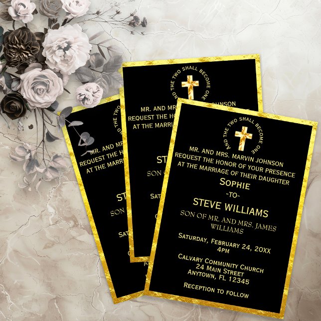 Convites Casamento Negro Dourado Tradicional da Cruz Cristã (Traditional Gold Christian Cross Black Wedding Invitation)
