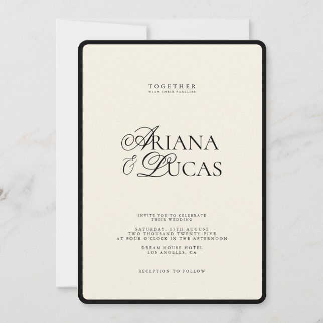 Convites Casamento Negro e Branco com Script Moderno Minima (Frente)