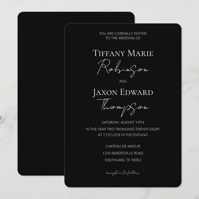 Convites Casamento Negro e Branco da Elegância Minimalista (Frente/Verso)