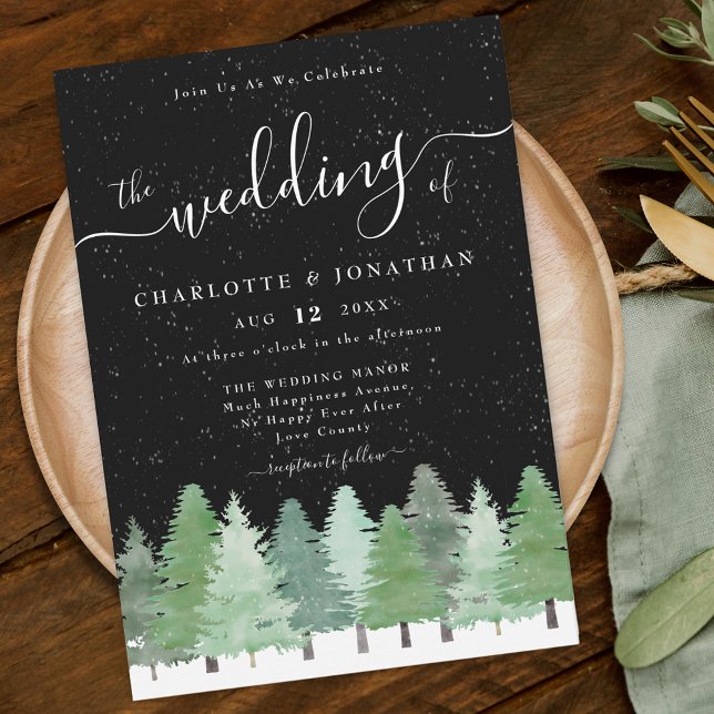 Convites Casamento Negro e Branco da Floresta Moderna de In (Elegant modern watercolor Woodland Rustic Winter forest black and white wedding invitation)