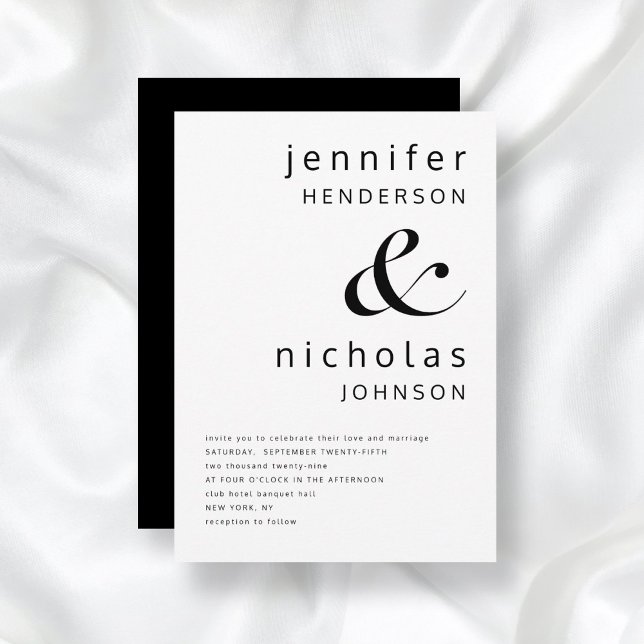 Convites Casamento Negro E Branco Elegante (Front/Back Black & White Simple Minimalist Typography Wedding Invitation)
