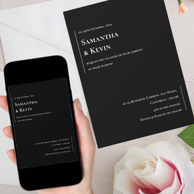 Convites Casamento Negro E Branco Minimalista Elegante (Elegant Minimalist Black And White Wedding Invitation)